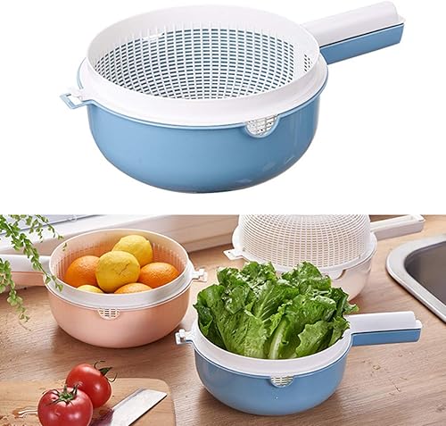 Miniatura 7 de Hemoton Colador de cocina de 2 piezas con mango largo, colador de plástico de doble capa, colador de lavado de arroz, frutas, verduras, cesta de