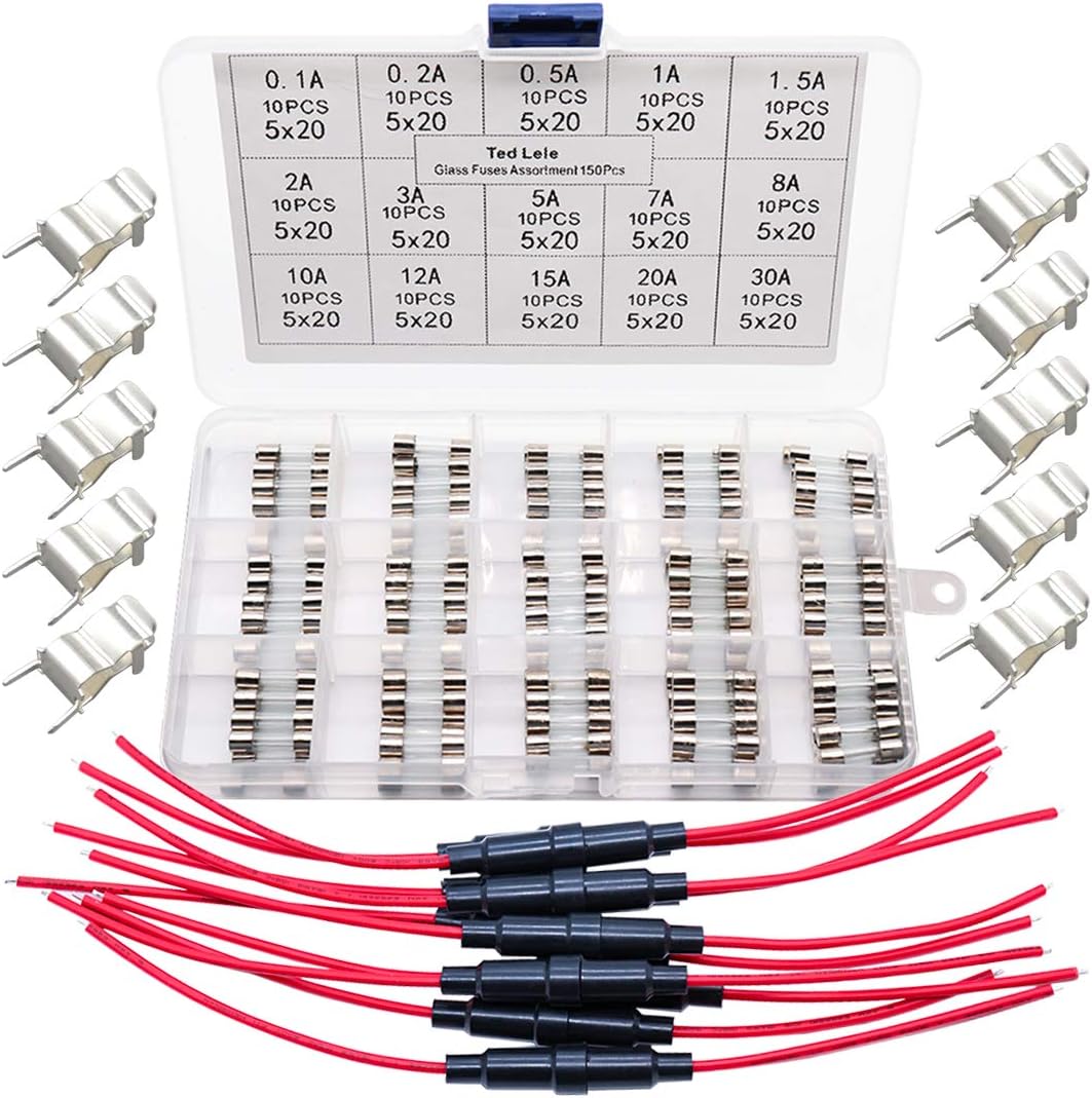 5x20mm Fuse Holder Inline Screw Type with 18 AWG Wire 10 PCS & Fuse Seat 10 PCS + 150 pcs Quick Blow Glass Tube Fuse Assorted Kit 250V 5x20mm (5x20mm +18 AWG Wire)