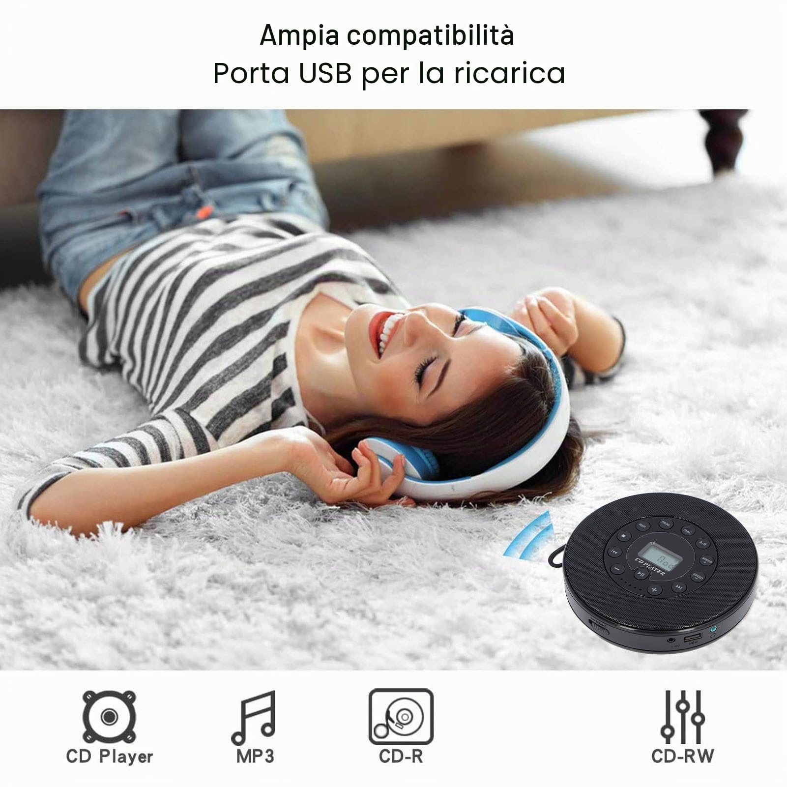 Lettore CD Portatile, Lettore CD Bluetooth Compatto con Altoparlante, Anti Skip, Microfono Integrato, Supporto Masterizza CD su USB, Registrazione su USB, per MP3 per Auto (BLACK)