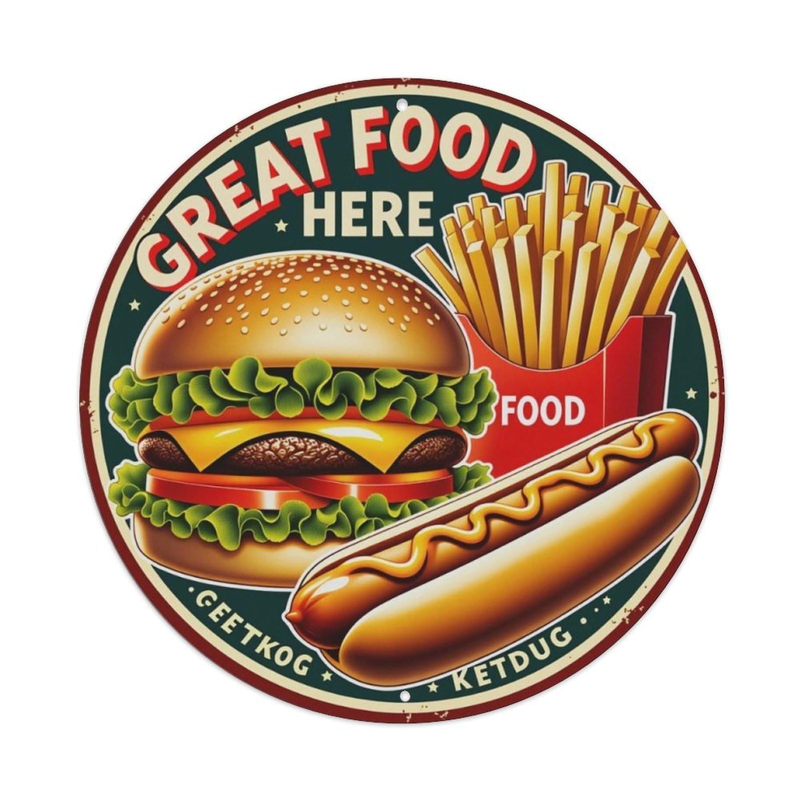 Retro American Fast Food Burger Round Sign Vintage Aluminium Metal Sign, Retro Wall Decor for Home, Bar, Garage & Farmhouse 20x20cm