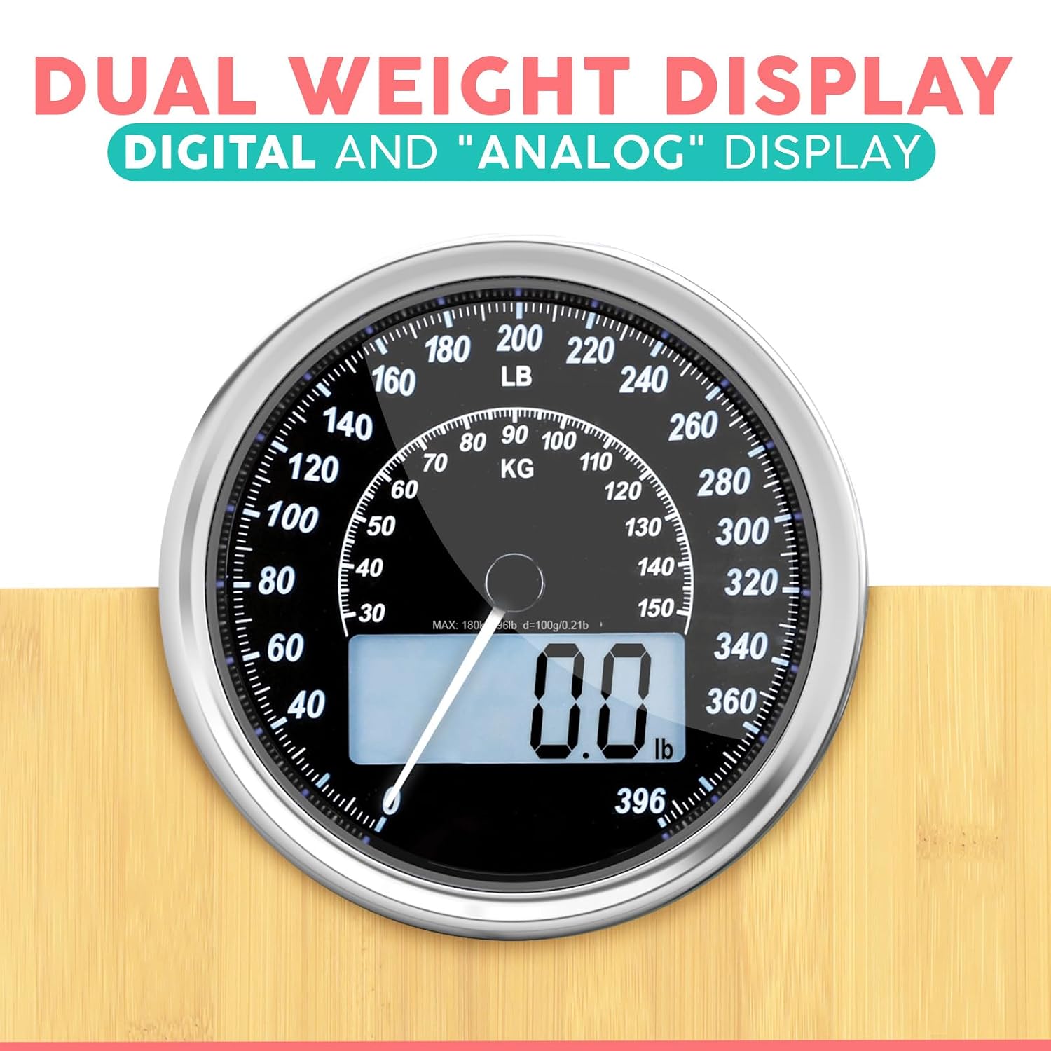 Adamson Hybrid 2-in-1 Analog & Digital Weighing Scale for Body Weight up to 400lbs - Thick Tempered Glass - Extra Large Display - Easy to Read Digital Bathroom Scale - Wood with White Backlight
