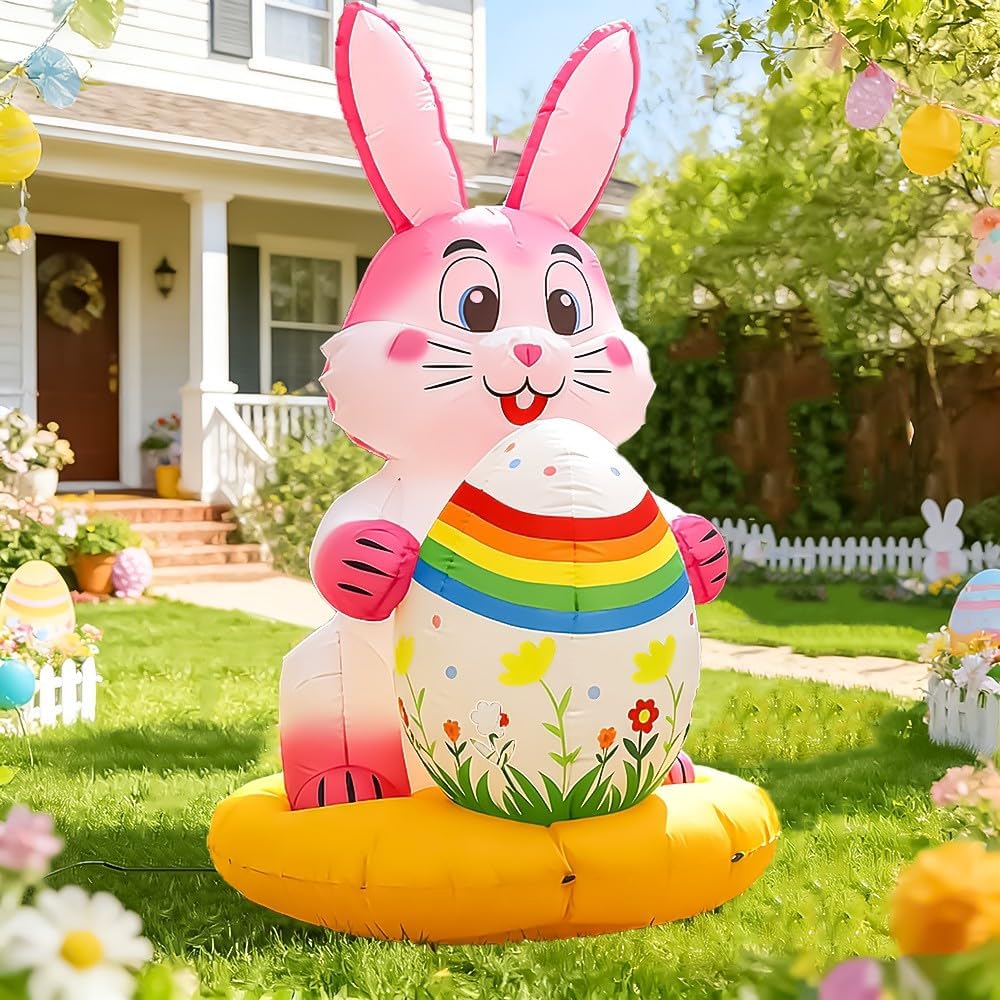 6FT Easter Inflatables Outdoor Decorations - Lighted Blow up Bunny Hugging a Easter Egg, Large Inflatable Yard Decoration with Built-in LEDs for Garden, Lawn, Patio