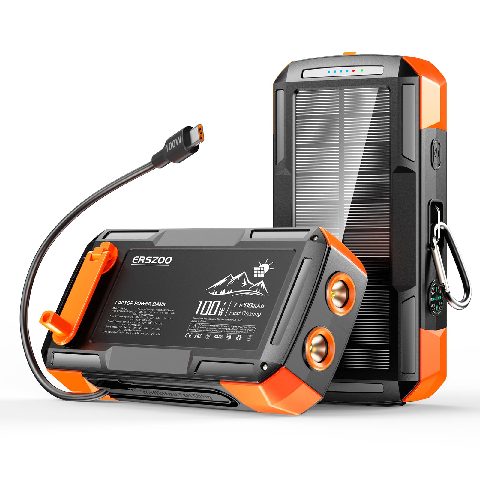 Solar Charger Power Bank 73200mAh Portable Laptop Charger with 100W USB-C in Output Built-in Cables Hand Crank Power