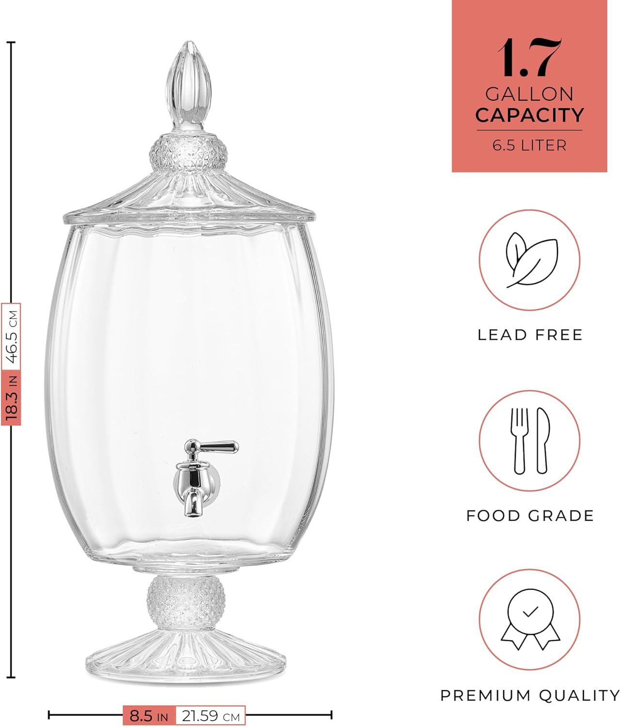 Madison Optic Beverage Cold Drink Dispenser w 1.7-Gallon Capacity Glass Jug, Leak Proof Acrylic Spigot for Parties, Weddings,& More, 8.5x18 - Image 2