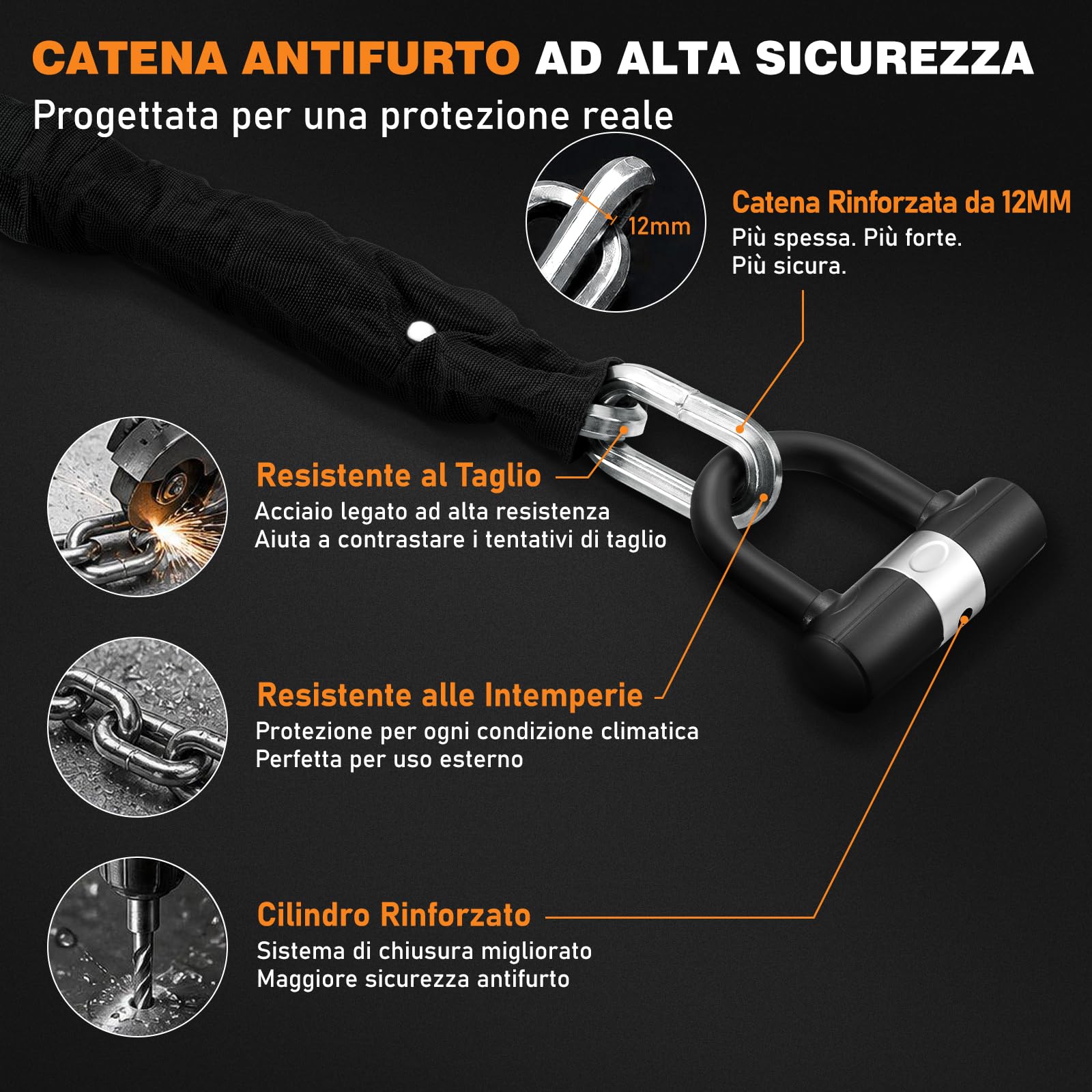 Catena Antifurto Moto 12 mm in Acciaio Temprato con Lucchetto a U e 4 Chiavi, Catena di Sicurezza per Moto, E-Bike, Scooter e Bicicletta, 120 cm – Argento