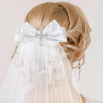 2PCS Girls First Communion Veil with Rhinestone Cross White Satin Bow Two-Tier Design Veil Glove Set Hair Bride Hair Accessory Hairband Glove Set
