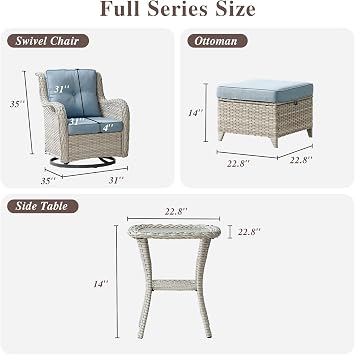 Patio Bistro Set with Outdoor Swivel Chairs, Wicker Outdoor Patio Swivel Chairs with Ottomans and Side Table, Furniture Set for Yard, Deck, Garden, Light Beige Wicker/Light Blue Cushion