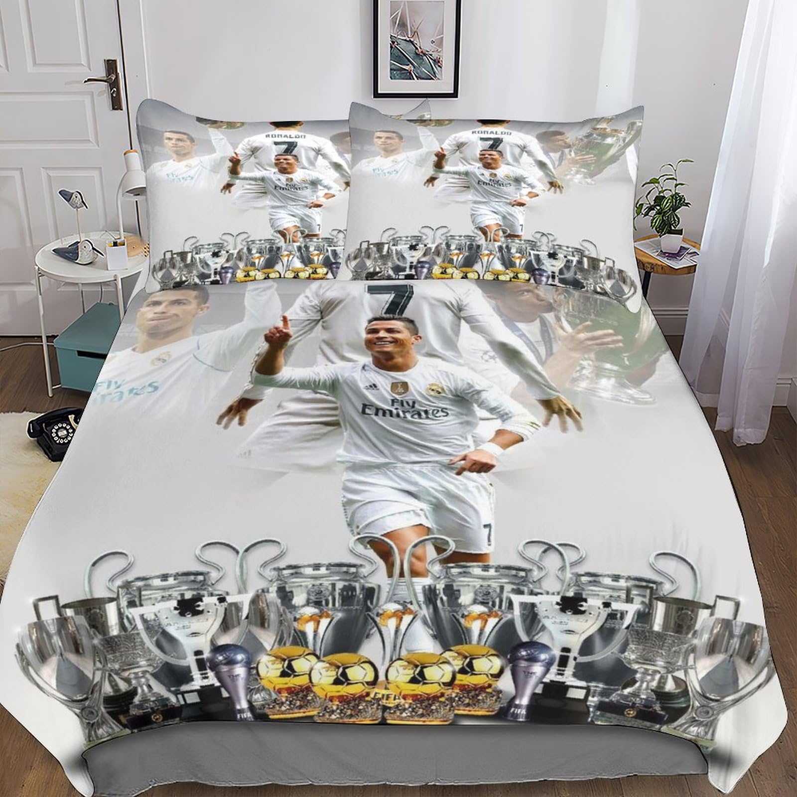 Cristiano Ronaldo 3D-bedrukte dekbedovertrekset met ritssluiting, 3-delige beddengoedset met kussenslopen, zachte microvezel, voetbalspeler, quilt cover voor thuisgebruik, tweepersoons (200 x 200 cm