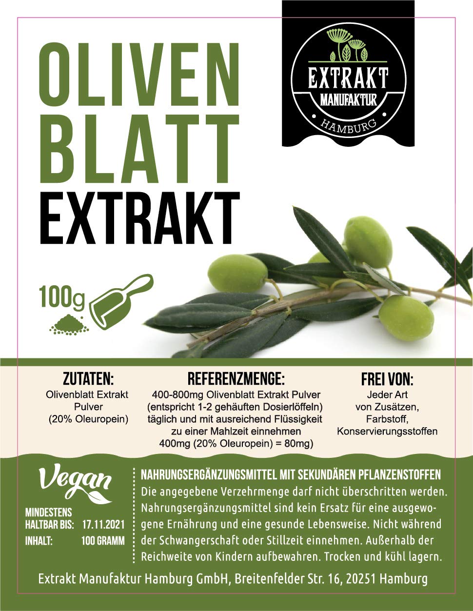 Olivenblatt EXTRAKT | 100g PULVER | olive leaf extract powder | naturrein - ohne Zusatzstoffe und laborgeprüft | hochdosiert, vegan & in Deutschland abgefüllt (Pulver 100g)