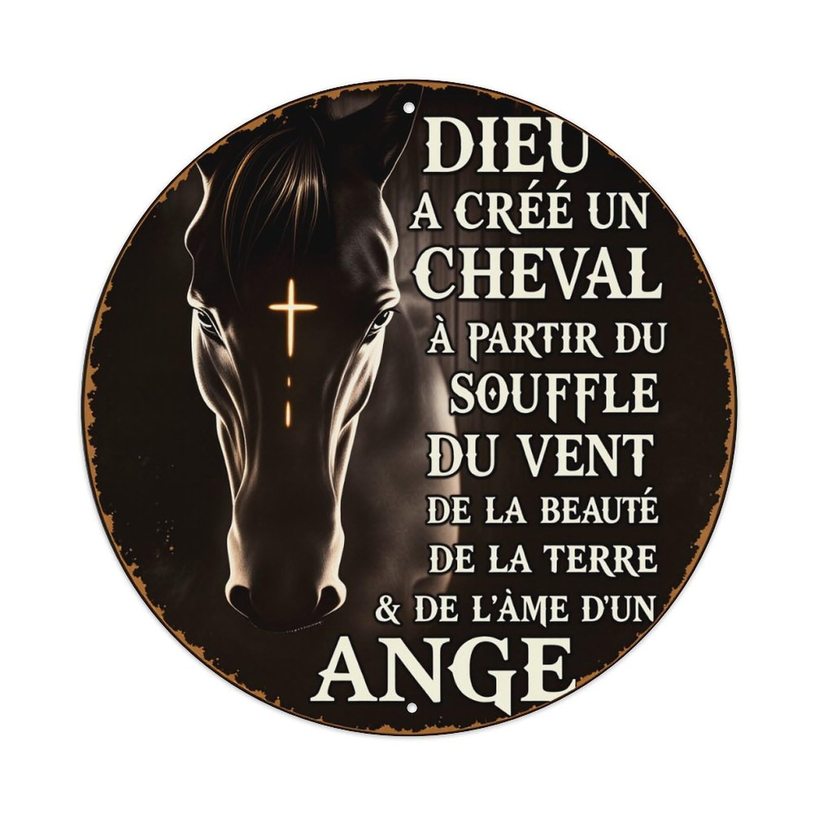 Wmlzdnwr Vintage Horse Face With Cross And Inspirational Text Round Tin Sign,Retro Wall Art,Metal Poster For Home, Bar, Garage, Cafe, Rustic Indoor & Outdoor Decor, 8X8 Inches