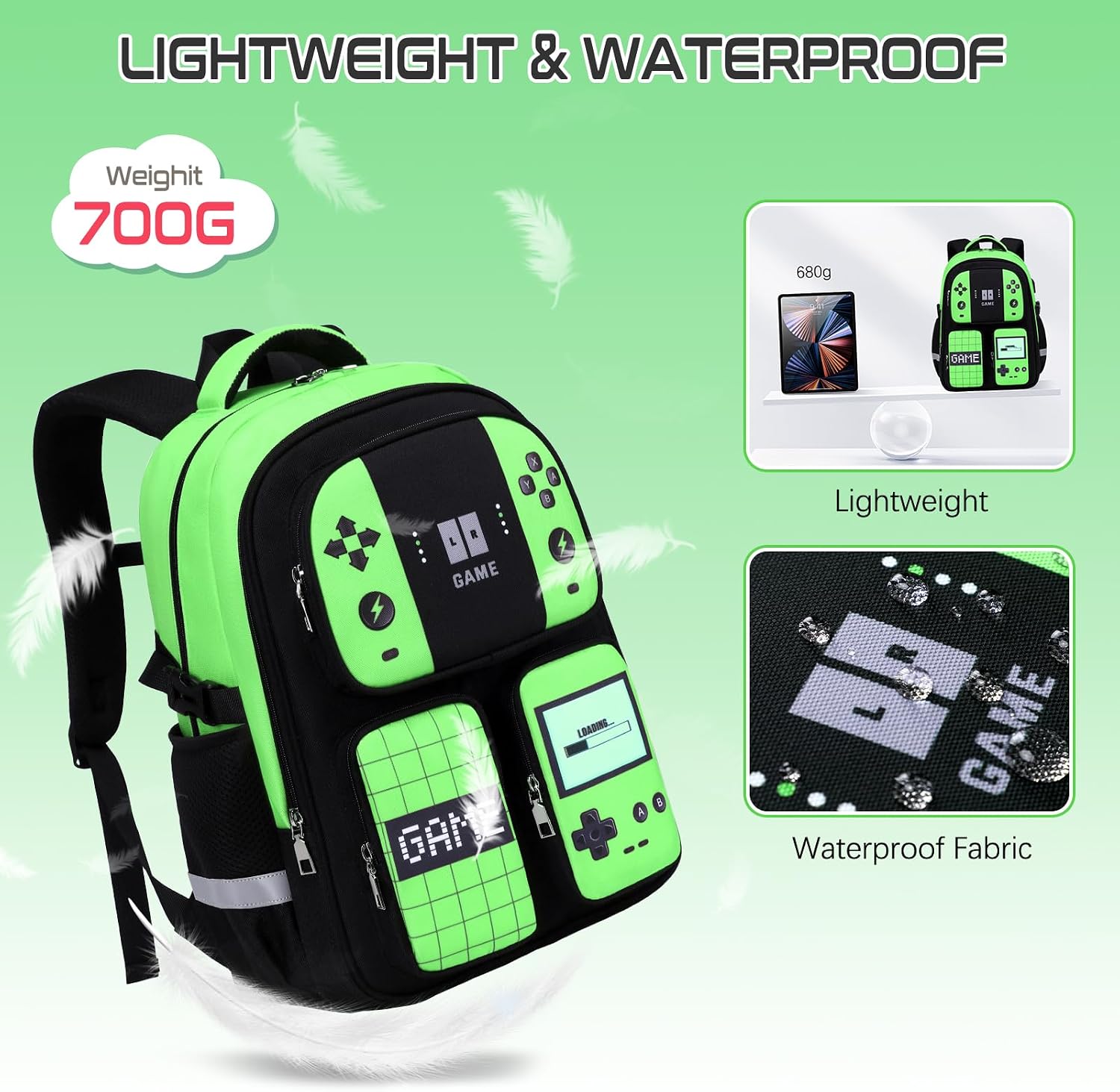 Gamer Backpack for Boys , 3PCS Boys Backpack with Lunch Box & Pencil Pouch, Waterproof School Bags for Boy Kids Children Teens, Elementary Middle School, Kids Book Bag Casual Daypack (Neon Green)