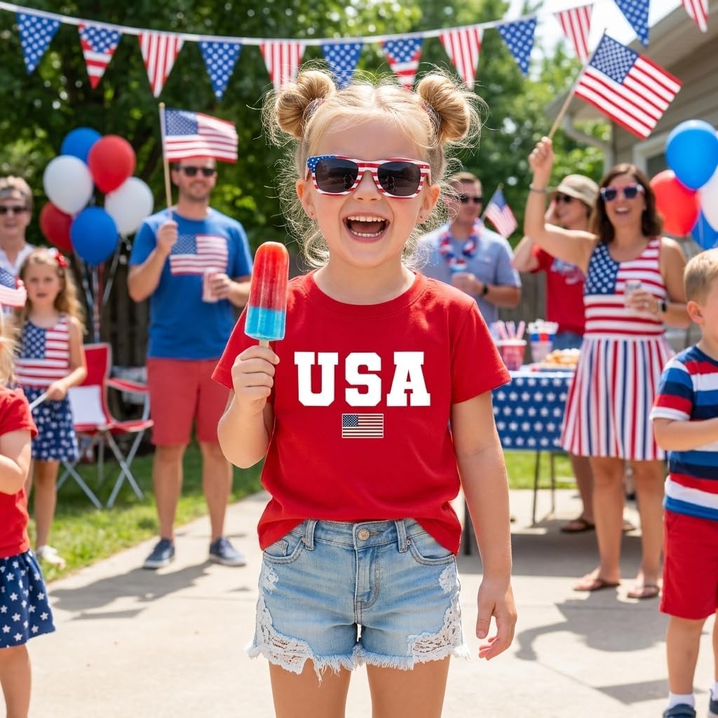 Toddler Girls 4th of July T-Shirt American Flag Popsicle Print Cotton Kids Boys Independence Day Tees