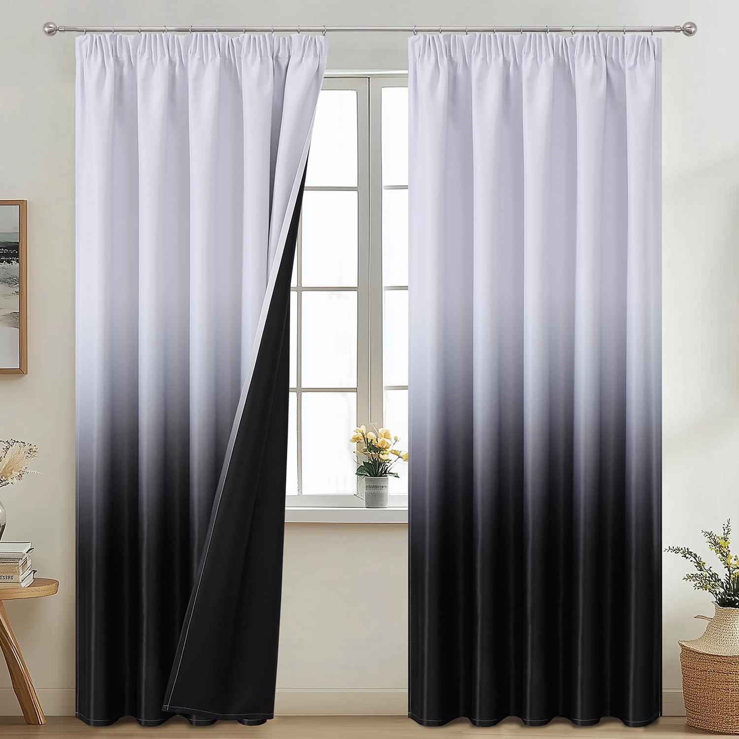VEHEDE Black and White Ombre Blackout Curtains, 66 Inch Wide Room Darkening Drapes