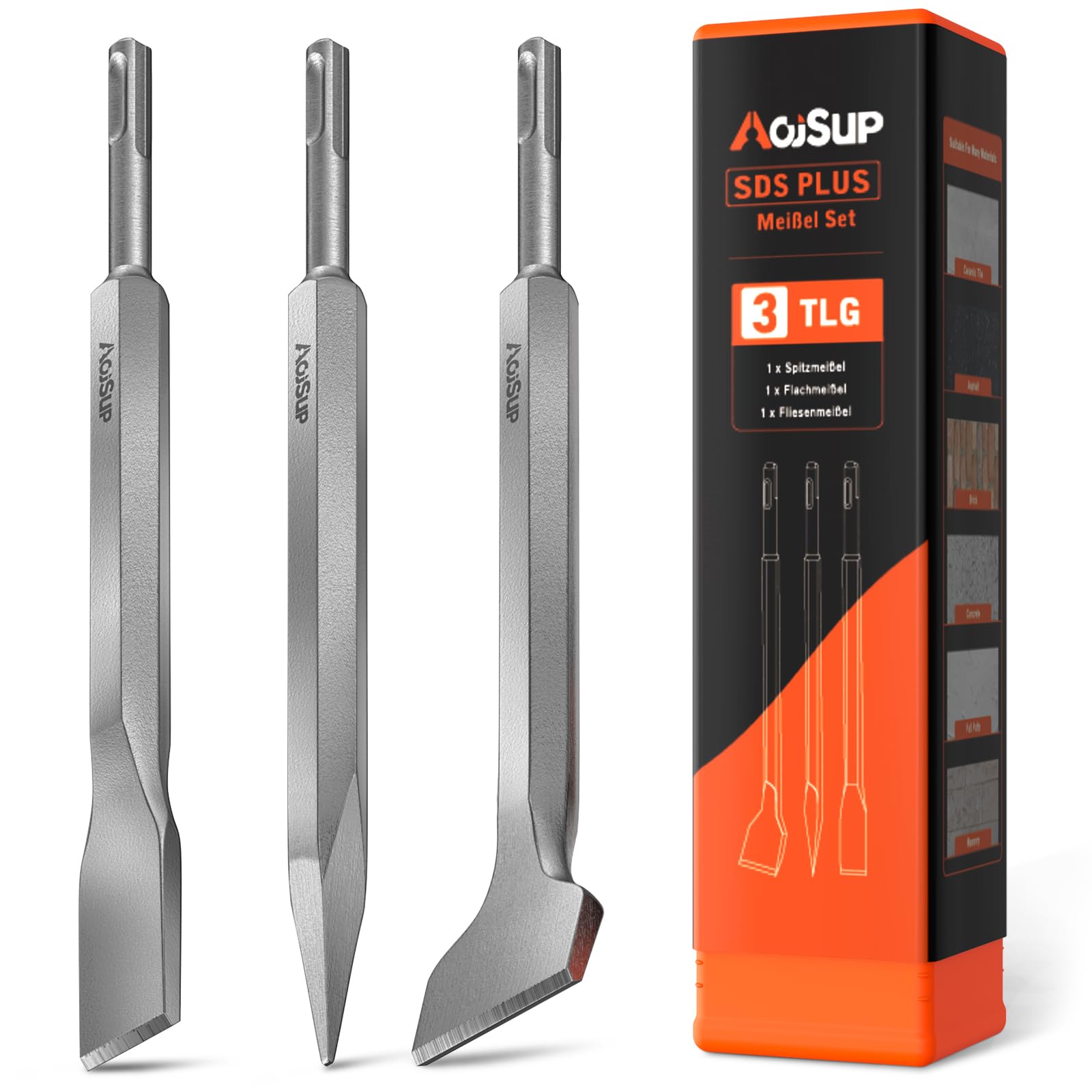 Juego de 3 Cincele SDS Plus, Cincele SDS Plus con Caja de Almacenamiento, Juego de Cinceles SDS Plus Compuesto por Cincel Para Azulejos, Cincel Plano y Cincel de Punta