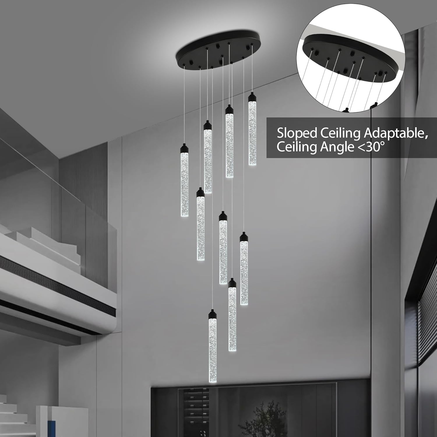 Crystal Staircase Chandelier, Modern Black Spiral Dimmable LED Cluster Raindrop Foyer Chandelier Lighting, Bubble Living Room Hanging Light Fixture 9 Light Remote Control