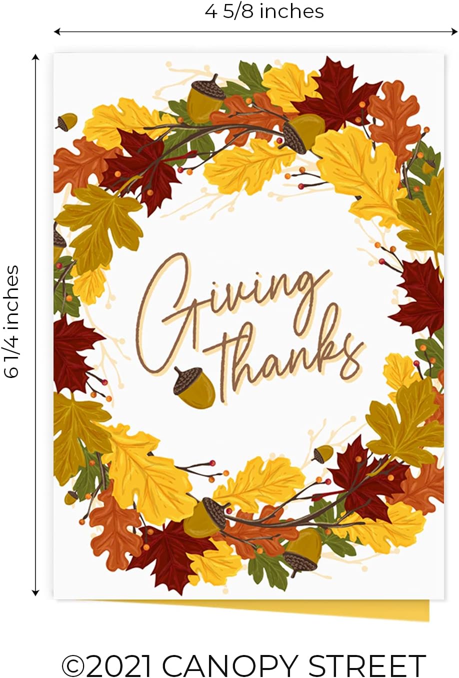 Canopy Street Thanksgiving Wreath Cards / 4 5/8" x 6 1/4" Fall Thanks Simple Sentiment Note Cards / 24 Autumn Leaf Holiday Greeting Cards With White Envelopes/Made In The USA