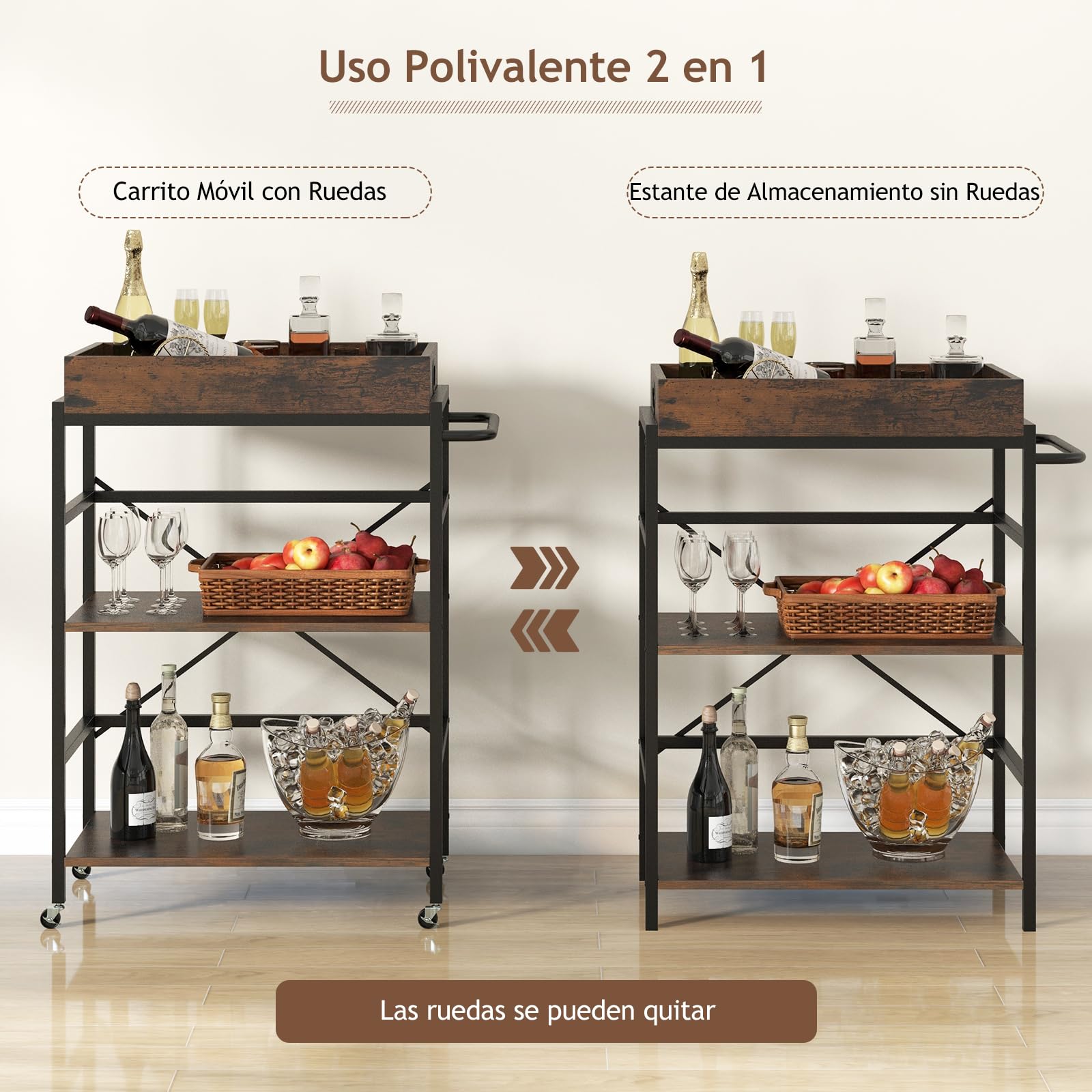 GOPLUS Carro de Cocina de 3 Niveles con Ruedas, Carro de Servicio de 3 Niveles con Bandeja Extraíble, 4 Ruedas Universales Bloqueables, Carro de Estilo Industrial, para Cocina Comedor