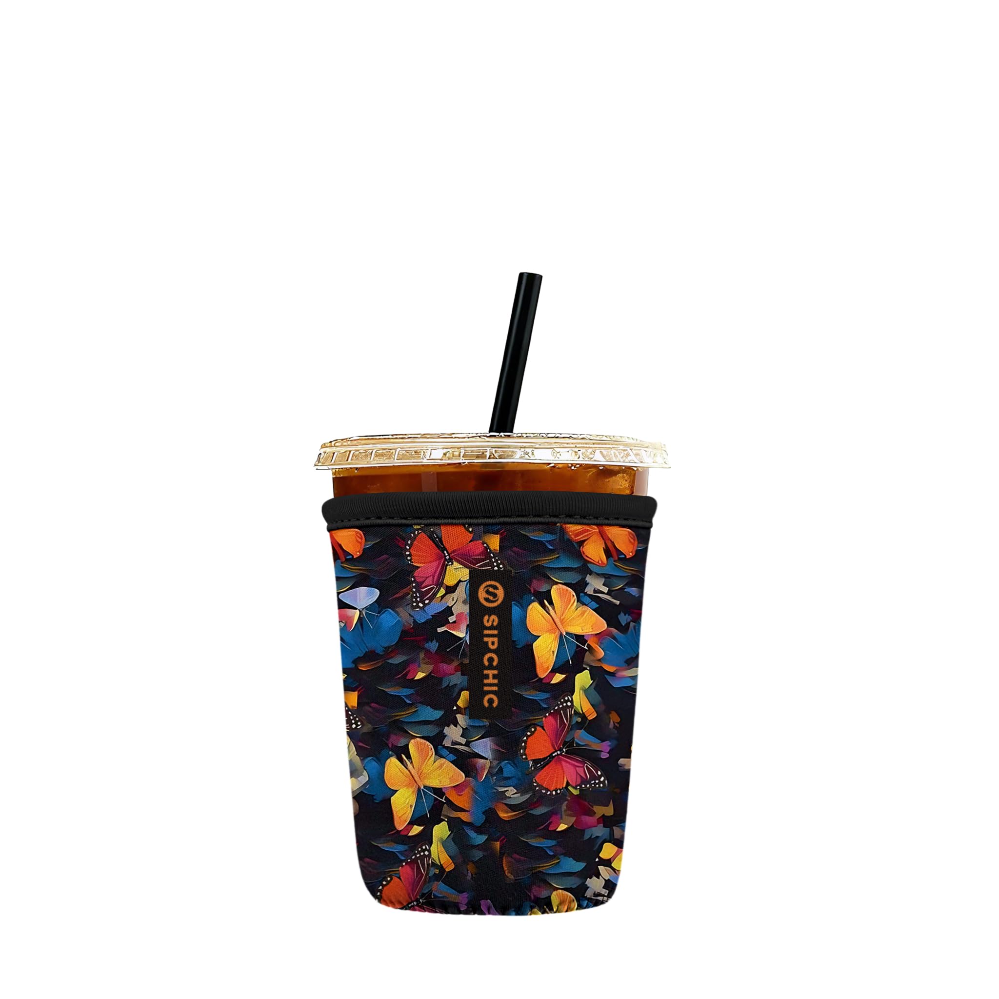 Iced Coffee Sleeve – Neoprene Reusable Cup Sleeves for Drinks, Insulated Drink Sleeves to Keep Hands Dry &amp; Drinks Cold, Stylish &amp; Durable Coffee Sleeves (Dizzy Butterfly, Small: 16-20oz)