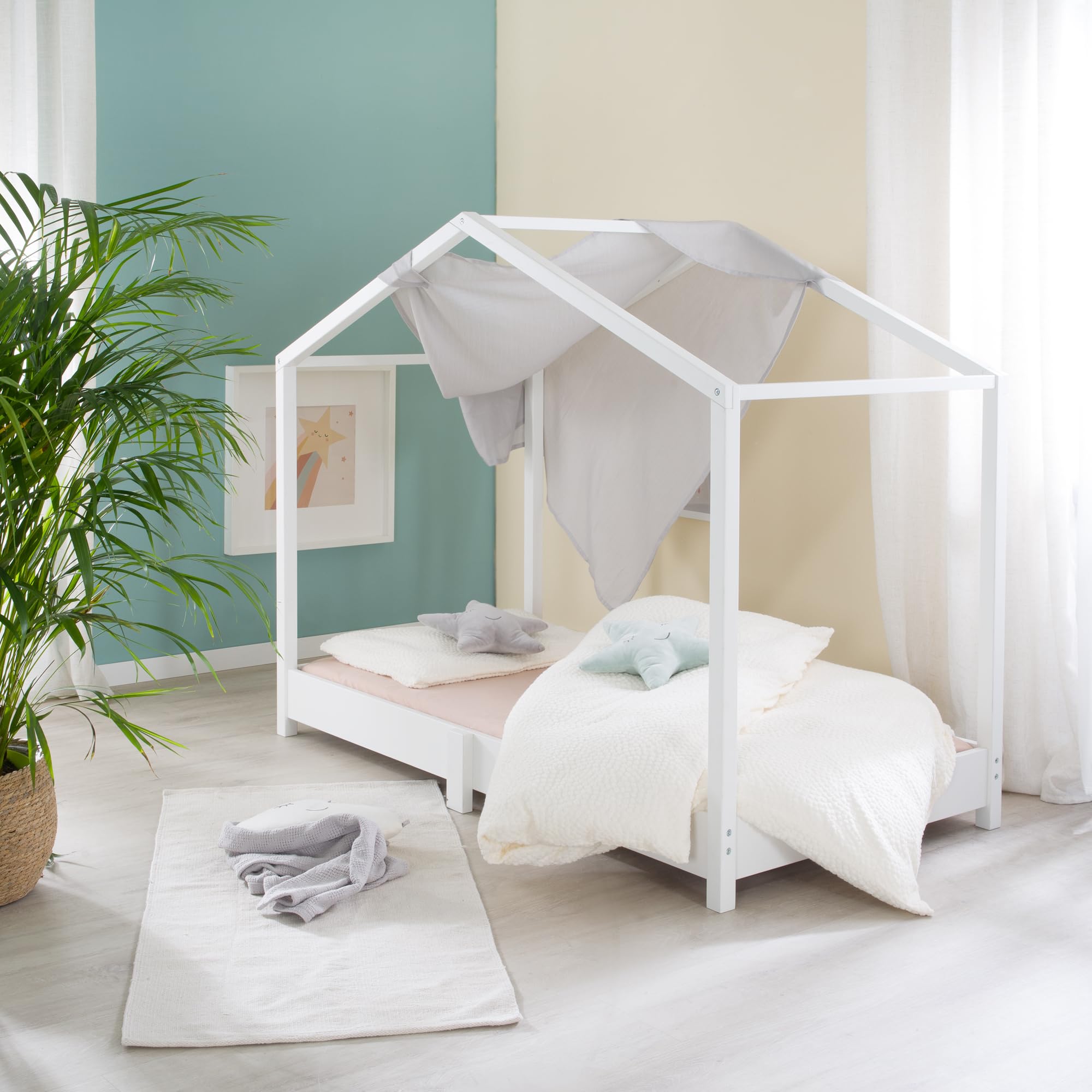 roba Hausbett 70 x 140 cm - Bodenbett für Kinder nach Montessori Prinzip - Erweiterbar durch Lattenrost, Matratze und Hausbettbezug - Holz weiß lackiert