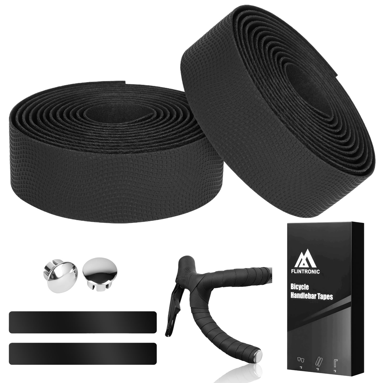 flintronic 2 Rolls Road Bike Handlebar Tape, Bicycle Handlebar Tape with End Plugs and Adhesive Strips,Anti-slip & Shock-absorbing, EVA Comfortable Grip - 2 x 210 cm x 3 cm