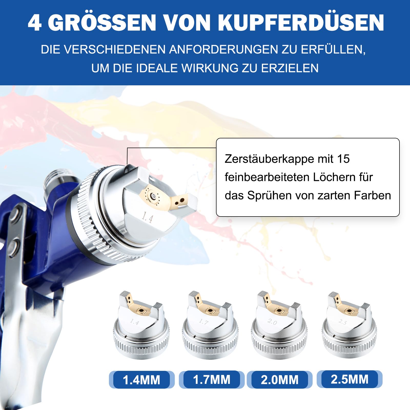 HVLP Pistolet à peinture professionnel avec 4 buses de 1,4/1,7/2,0/2,5 mm, pistolet à peinture professionnel avec gobelet en plastique de 600 ml, manomètre (bleu)