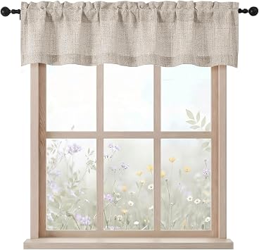 Valance for Windows - Thick Textured Fabric Light Filtering Small Window Valance Kitchen Curtain, Dual Rod Pocket Short Curtain for Cafe Basement Bathroom, Linen Color, 1 Panel, 60Wx12L Inches