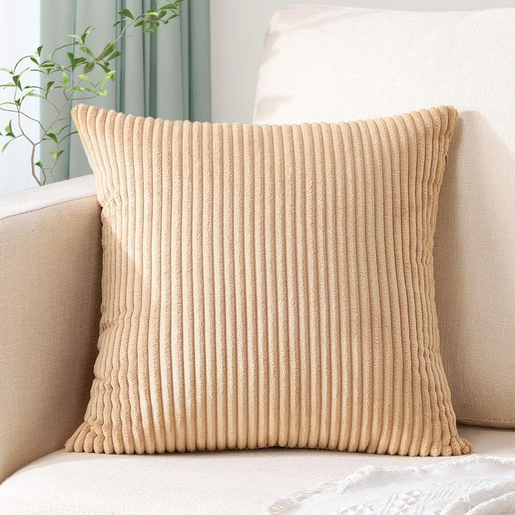 Artscope Cozy Striped Corduroy Pillow Covers Super Soft Decorative Square Throw Pillow Covers Case Cushion Covers for Sofa Couch Bedroom Car Decor 24 x 24 Inches, Khaki