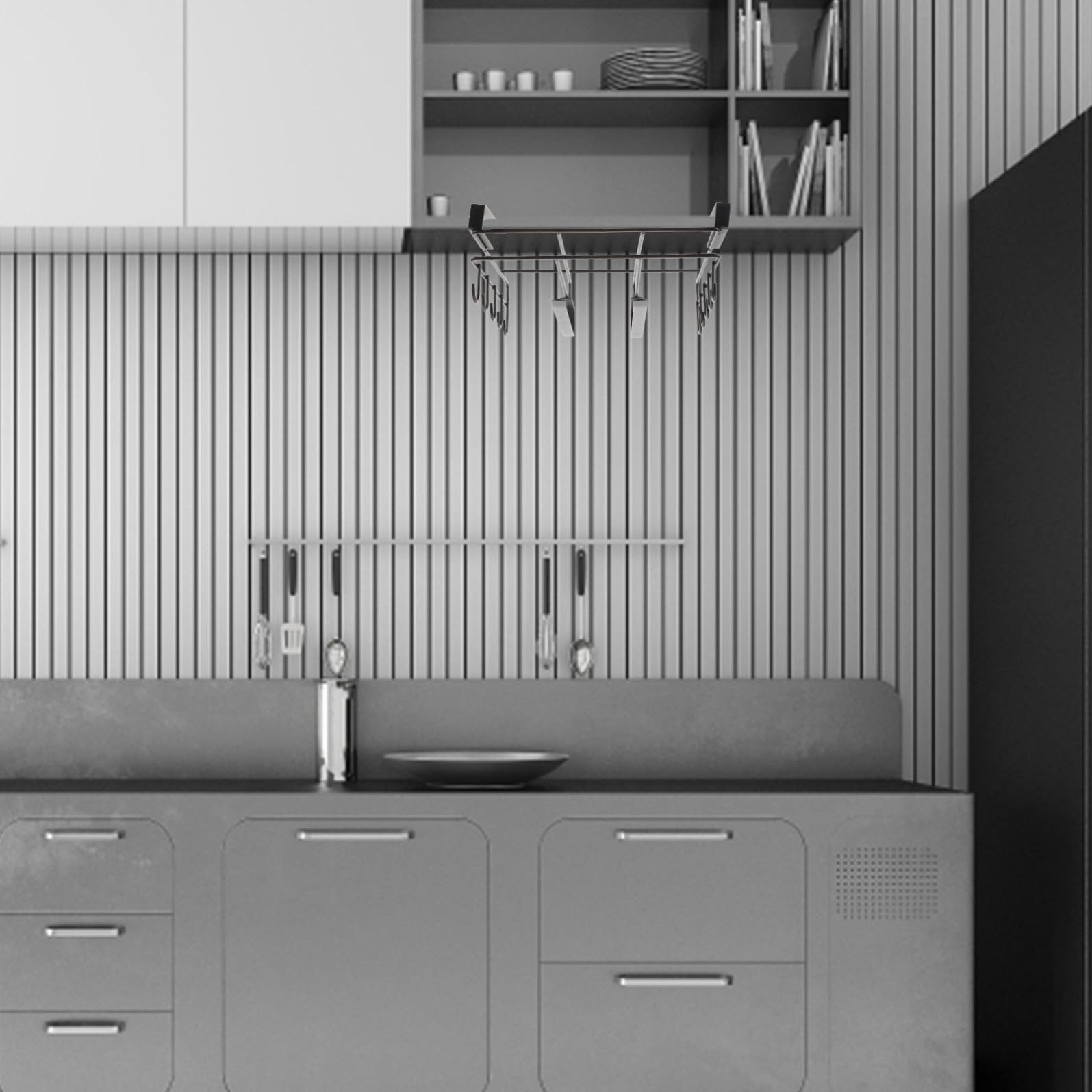 Organizer Cucina in Acciaio al Carbonio Bordi Arrotondati, Supporto Sottopensile Antiscivolo Facile da Pulire per Tazze e Padelle, Design Semplice per Cucina