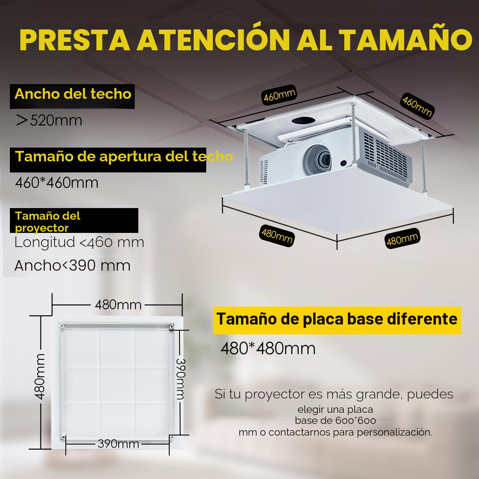 CGOLDENWALL 70CM Soporte para Proyector de Aluminio de Techo con Control Remoto, Motores Dobles Carga Máx 7kg, 48cm * 48cm Tablero Personalizable para Centro de Conferencias, Sala Multifuncional