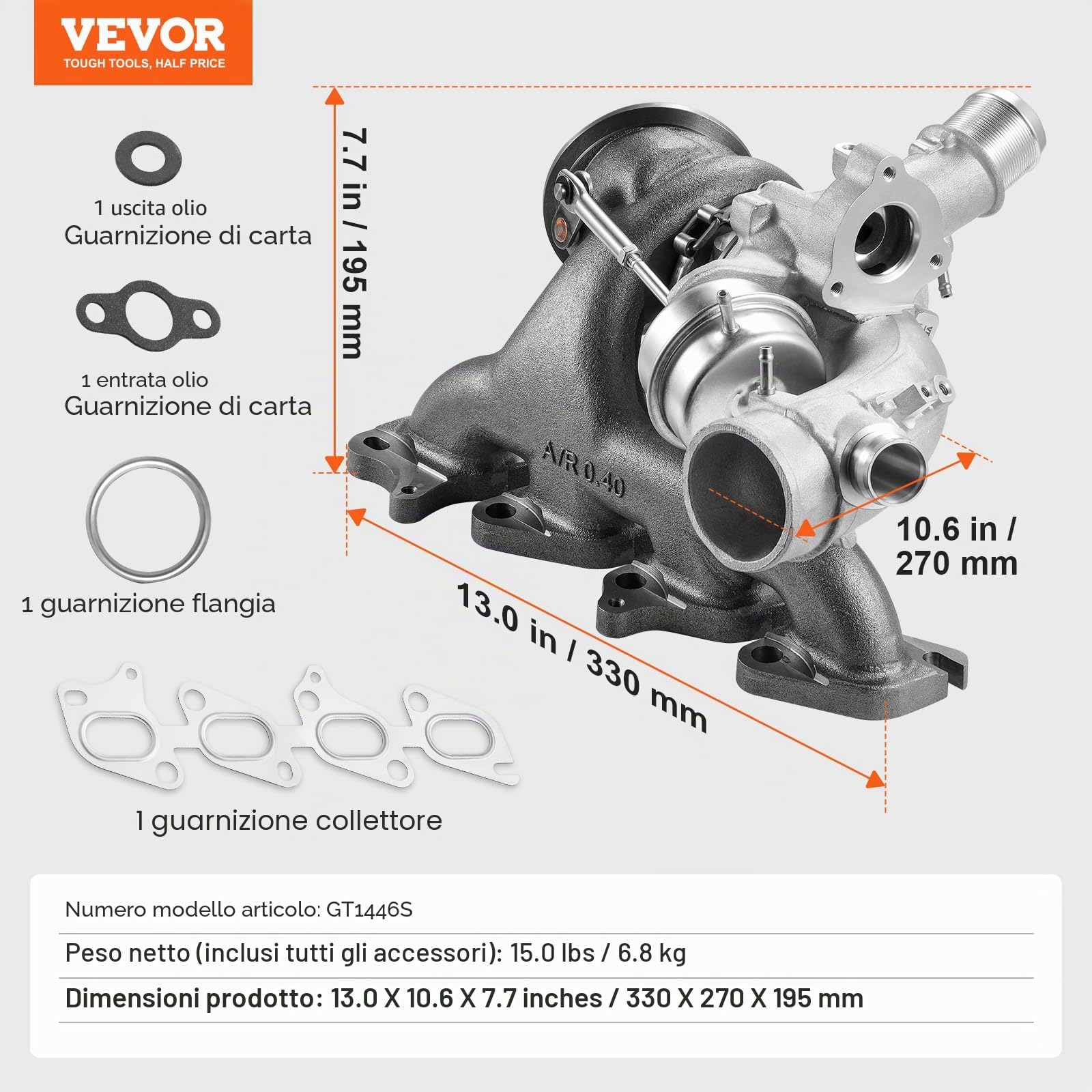 VEVOR Turbocompressore Compatibile con Kit Guarnizioni, Turbocompressore di Ricambio per Motore Auto con Chevy Chevrolet Cruze 2011-2019 1,4 T 781504-5001S 781504-0005 55565353 781504-0001 860156