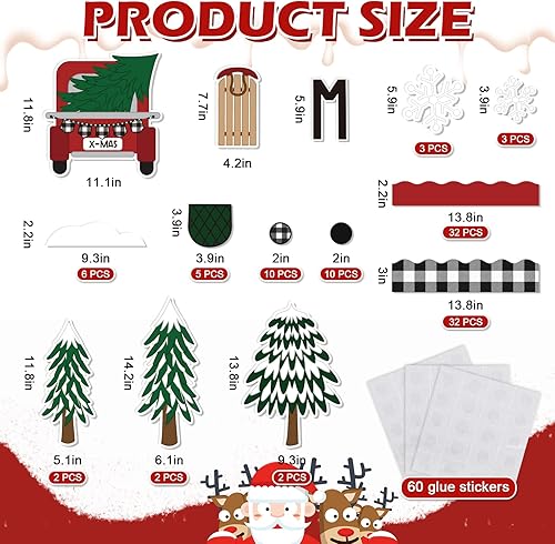 Miniatura 2 de Whaline Kit de decoración de tablón de anuncios para el aula, 139 piezas, árbol de Navidad, recorte de camión rojo con punto de pegamento,