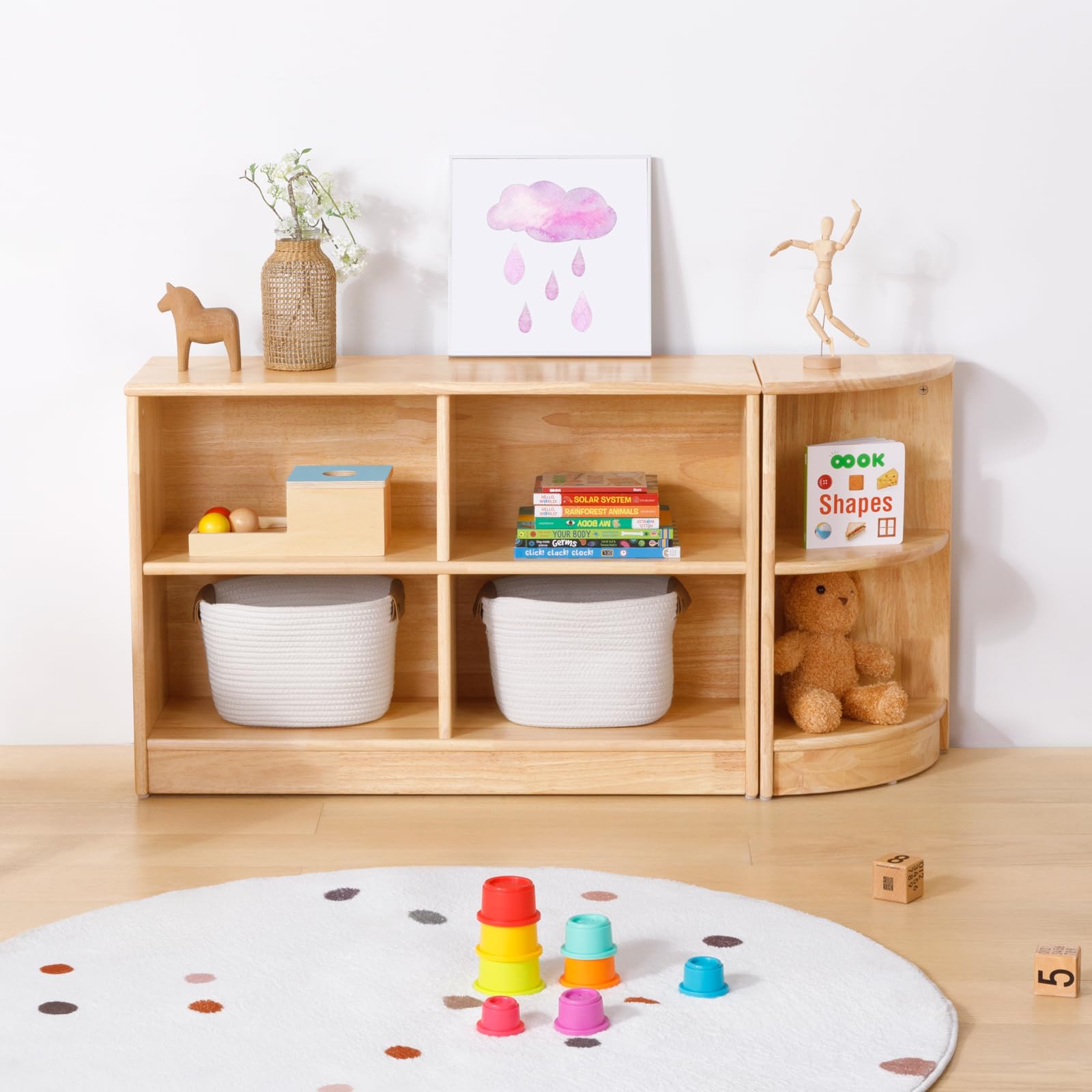 OOOK Gummiholz Kinderregal Spielzeugschrank, Bücherregal Spielzeugregal mit 2 Ebenen, Eckregal Stehend Holz für Kinderzimmer, Spielzimmer und Kindergarten, 30 x 30 x 60 cm