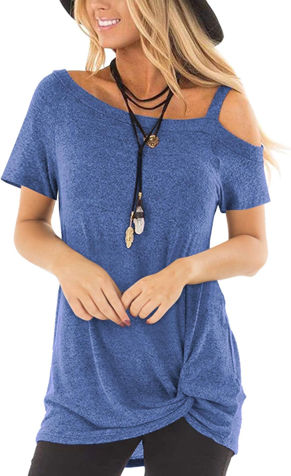TEMOFONWomen Cold Shoulder Tops: Summer Short Sleeve Shirts Casual Twist Knot Blouse T-Shirt S-2XL