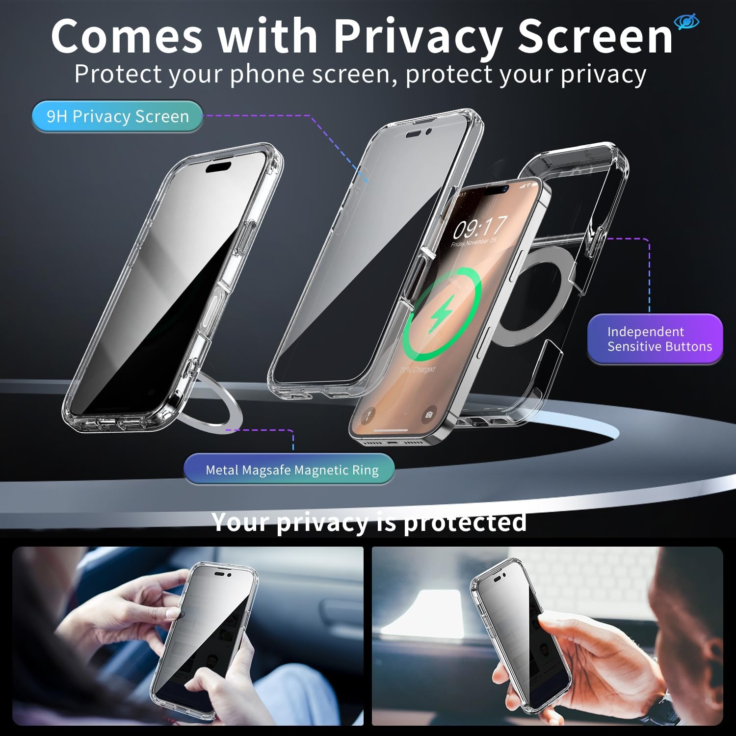 Privacy Case for iPhone 17 Pro Max with 360°Stand [Built-in Anti Peeping Screen Protector] [Magnetic Ring ] Full Body Protective Phone 17Pro Cover 6.9", Clear - Image 2