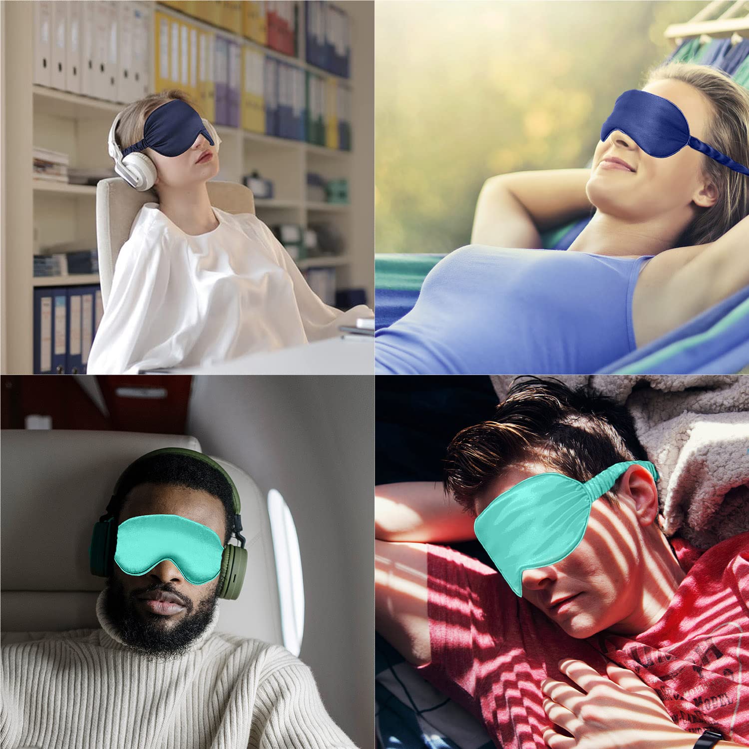 Mascherina per occhi per dormire, unisex, confezione da 2, 100% vera seta di gelso naturale, con cinturino regolabile, per dormire, viaggi, pisolini (blu navy e verde chiaro)