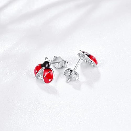 Miniatura 2 de Ladybug Studs Earrings, 925 Sterling Silver Hypoallergenic for Sentitive Ears Miraculous Beetle Earring Jewelry Mother Day for Women Girlfriend with