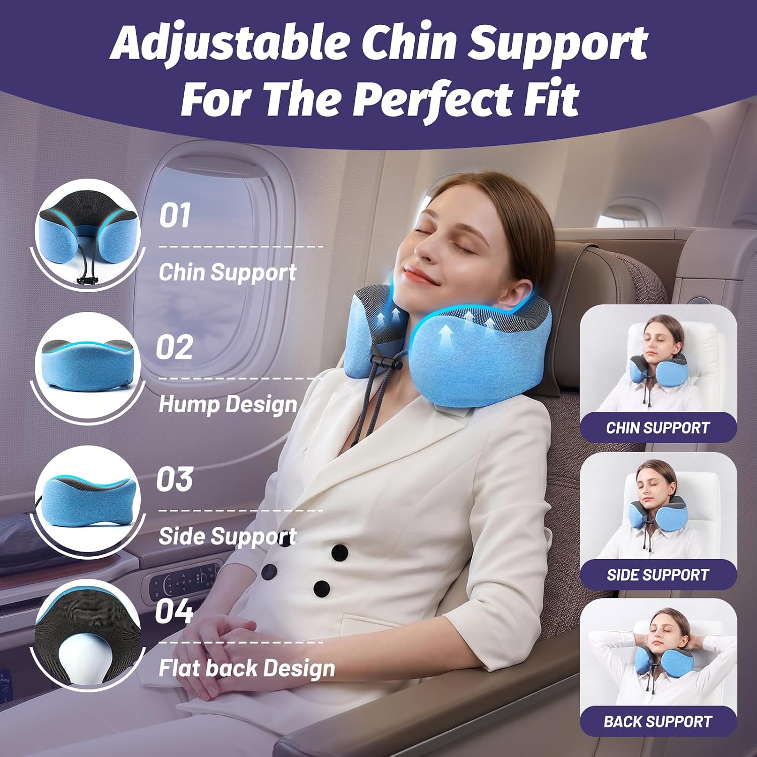 Ergonomic Memory Foam Reading Pillow for Ncek Support Travel Sleeping, Travel Neck Airplane Pillow for Long Flight woth Soft Massage Granules & Fold- Light Blue