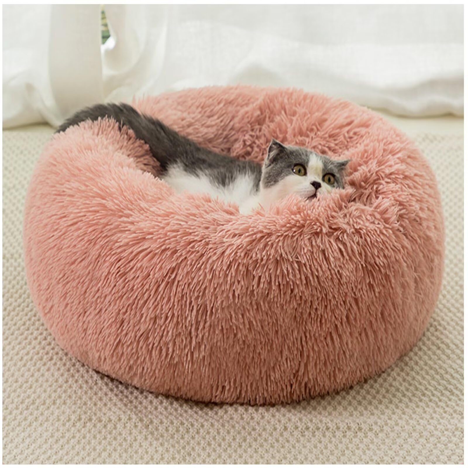 Lit pour chien rond en peluche rose pour des siestes sereines au salon