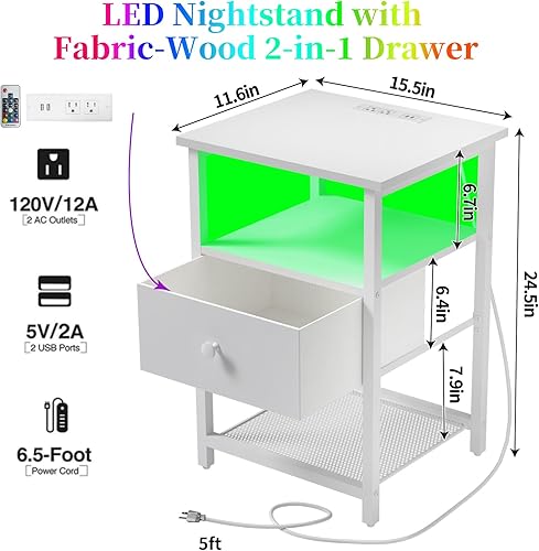 Miniatura 3 de HDDDZSW Juego de 2 mesitas de noche LED con estación de carga, mesitas de noche con puertos USB y tomacorrientes, mesa auxiliar con cajón 2 en 1 de