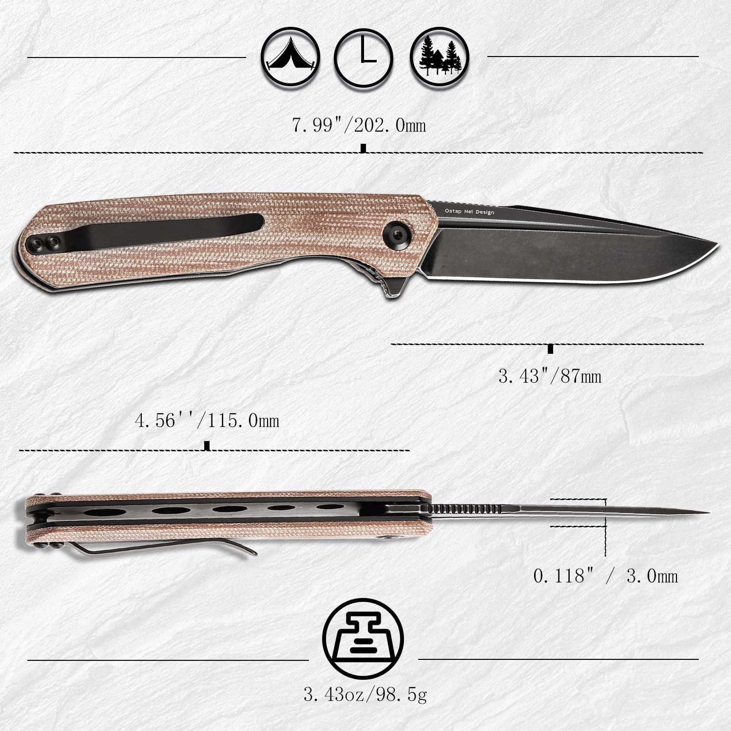 KANSEPT Qilin Pocket Knife, 3.24'' Blackwash 154CM Sharp Blade, Brown Micarta Handle for Edc, Flipper and Liner Lock with Double-Sided Clip, Men Camping Survival Folding Knives T1047A3