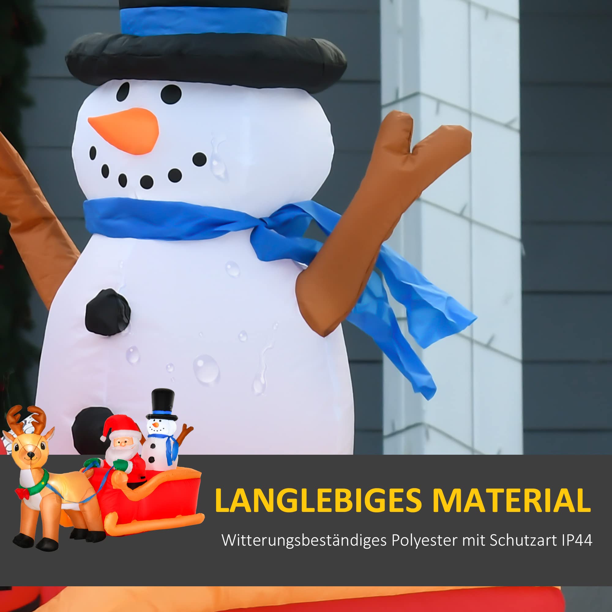 HOMCOM Aufblasbarer Weihnachtsmann auf Schlitten mit Schneemann 1,28 m | Weihnachtsdekoration, Integrierte LED-Lichter, Befestigungsmaterial, Weihnachtsdeko, Weihnachten Garten Rasen Außenbereich
