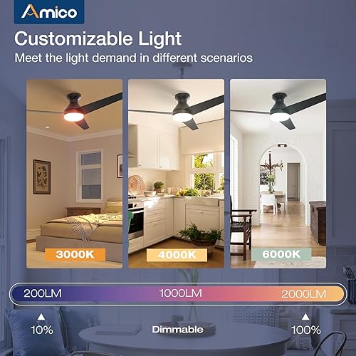 Miniatura 14 de Amico Ventiladores de techo con luces, perfil bajo, control remoto, montaje empotrado, reversible, 3CCT, regulable, silencioso, para dormitorio, uso