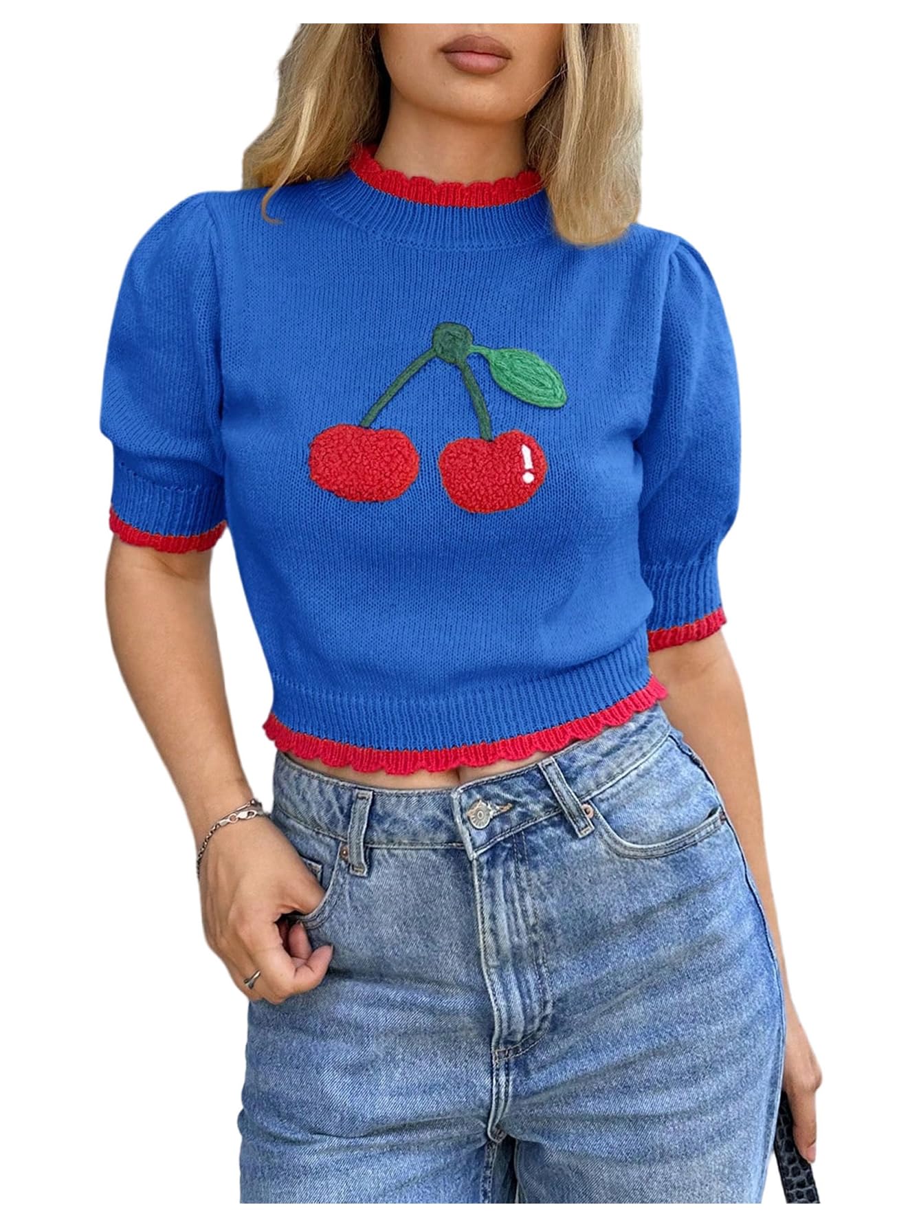 GORGLITTER Womens Short Puff Sleeve Cherry Sweater Cropped Mock Neck Cute Sweaters Trendy Fall 2025
