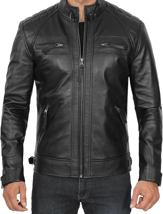 Blingsoul Men's Leather Motorcycle Style Jacket - Quilted Cafe Racer Biker Style Jacket for Men