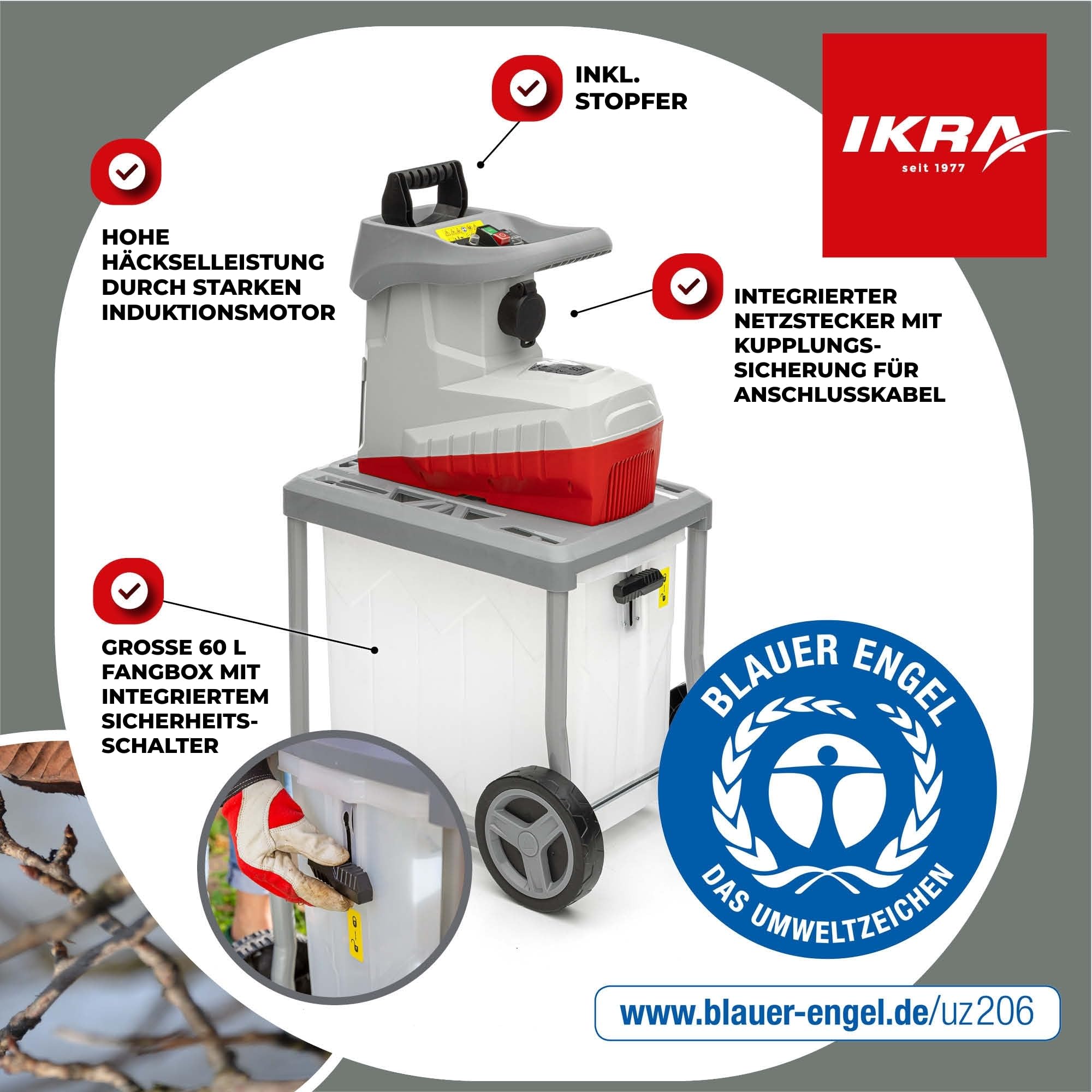 IKRA Elektro Gartenhäcksler ILWH 3000, 3000 Watt, Aststärke bis 45mm, Blauer Engel