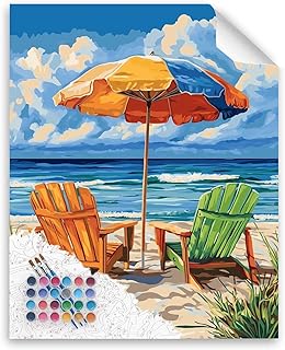 Beach Chair Paint by Number, Seascape Paint by Numbers Kit for Adults, Beach Landscape Wall Art, Seaside Break Time Artwork Acrylic Painting for Beginner, Gift & Home Wall Decor(16x20inch, No Frame)