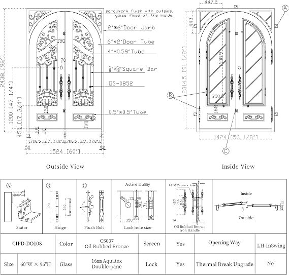 CHETTO C Iron Double Door Exterior Entry Front Door Prehung Aquatex Glass, Oil Rubbed Bronze, 60 W x 96 H