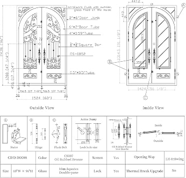 CHETTO C Iron Double Door Exterior Entry Front Door Prehung Aquatex Glass, Oil Rubbed Bronze, 60 W x 96 H
