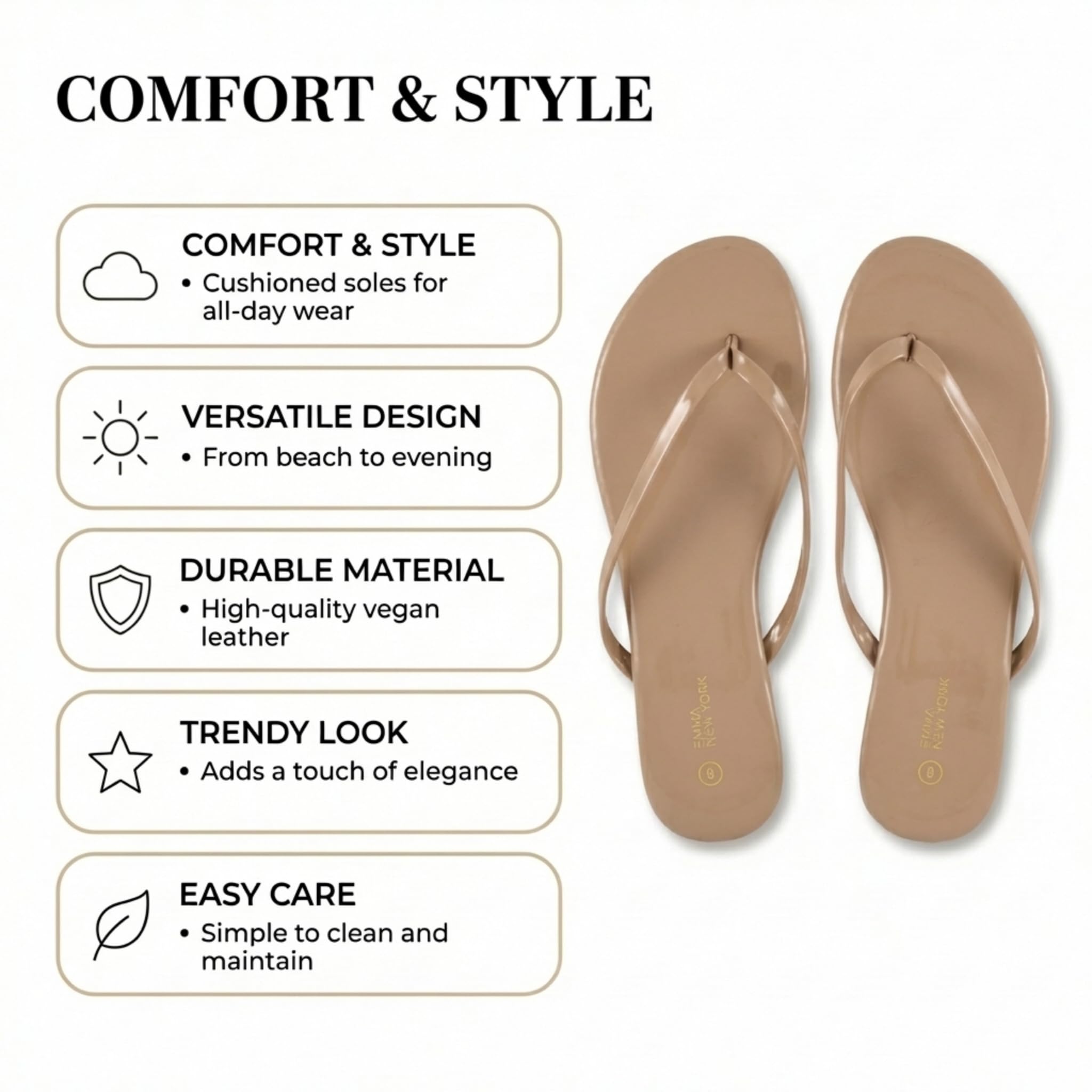 EMMA NEW YORK Flat Sandals for Women, Thong Flip Flops for Women, Cushioned Footbed, Slim Strap (Gold, 8)