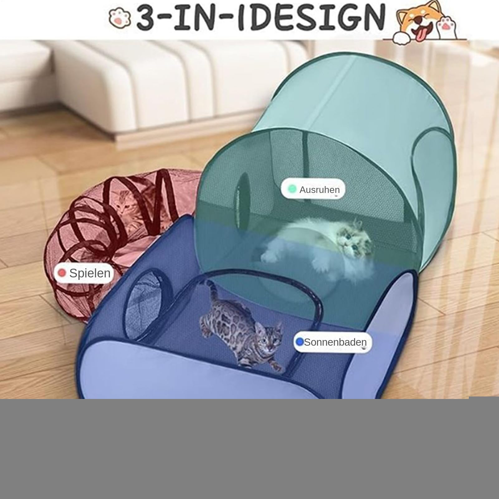 Katzen Spielgehege | Katzengehege Mit Tunnel & Hundeauslauf | Klappbares Gehegehaus Mit Interaktivem Spielzeug Und Bewegungsfläche Für Katzenwelpen, Hunde & Kleintiere Indoor Outdoor Reise